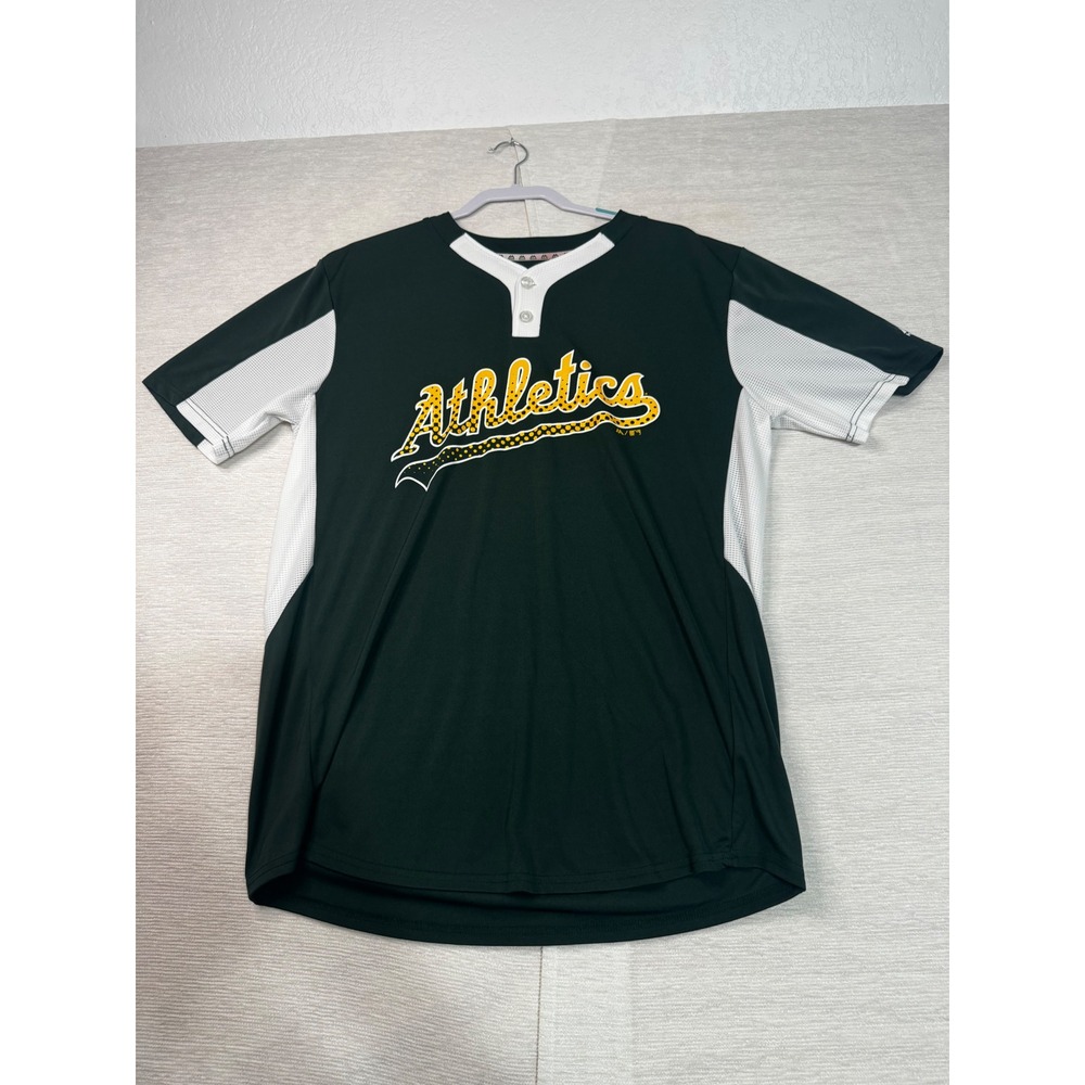 Majestic Oakland Athletics Jersey Mens Large Green Cool Base Henley Shirt MLB